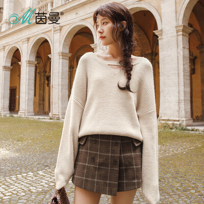 

INMAN 2018 autumn new big V-neck small sexy loose striped lazy wind sweater female 18831VP32351 beige white L