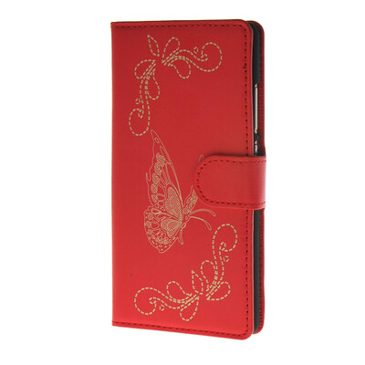 

MOONCASE Betterfly Pattern Leather Side Flip Wallet Card Slot Stand Pouch Case Cover for Huawei Ascend P8 Red
