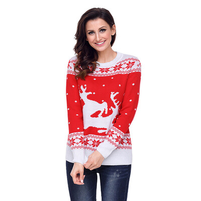 

PREISEI Autumn Winter Christmas Two-color Stitching O-Neck Long Sleeve Snow Reindeer Knitted Sweater Pullover Women PR27766