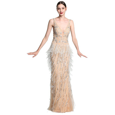 

Sexy Deep-V Mermaid Gold Tulle Evening Dresses Newest Beading Sequined Luxury Evening Gown 2018 Alacati