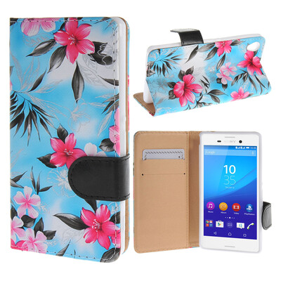 

MOONCASE Sony Xperia M4 ЧЕХОЛ ДЛЯ Flower Style Leather Flip Wallet Card Slot Bracket Back Blue