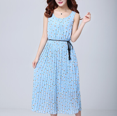 

Lovaru ™ 2015 summer new Korean Floral print chiffon dress women in pleated sleeveless dress beach Dress