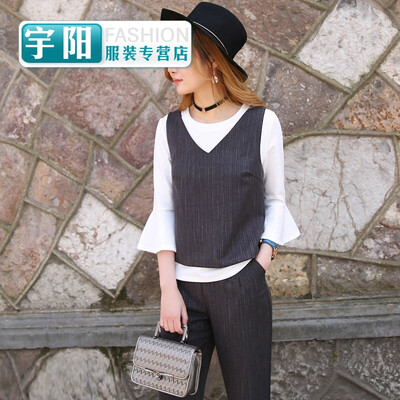 

Set female spring fashion tide 2017 new Korean version of the seven-point sleeve shirt vest womens wide pants three-piece