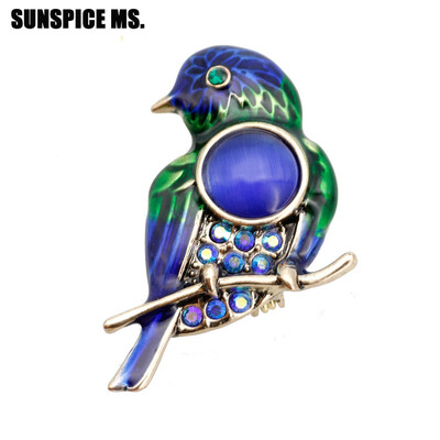 

Vivid Russia Women Small Enamel Bird Brooch Pins Color Rhinestone Round Natural Stones Animal Brooches Wedding Jewelry 2018 New