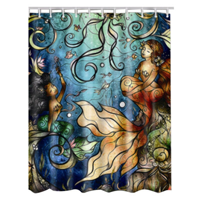

UpperX Fabric Waterproof Bathroom Shower Curtain Panel Sheer Decor With Hooks Set Two mermaids