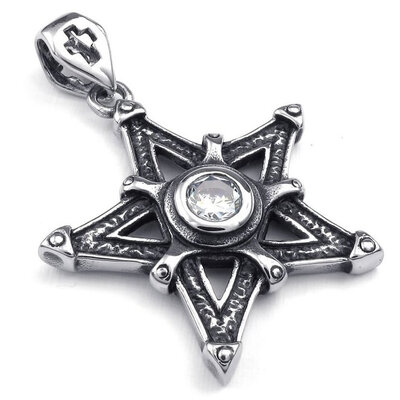 

Hpolw New Style Mens Stainless Steel Casting Black Pentagram Gothic CZ Pendant Hollow out Jewery Crystal Necklace18-26 inch