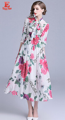 

S M L XL XXL elegant chiffon new summer autumn 2018 women long maxi dress half sleeve white&red flower print slim ankle length