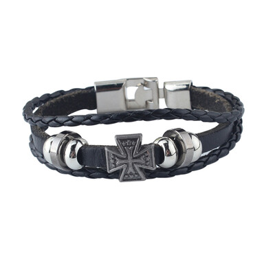 

MyMei Mens Cool Metal Cross Studded Surfer Leather Braided Bracelet Wristband