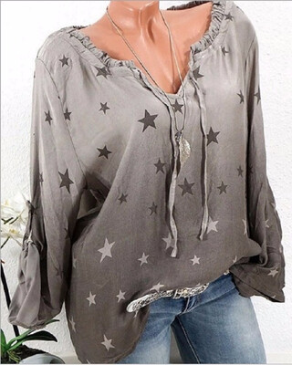 

Lady Casual Star Print Lace Up Shirt Long Sleeve V Neck Loose Style Women Blouse