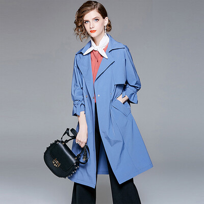 

Her pool womens 2018 autumn&winter new solid color lapel long-sleeved loose long windbreaker coat coat T83Z1836A5XL blue
