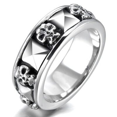 

Hpolw Mens Stainless Steel Ring Band Silver Black Skull Pyramid Gothic Biker