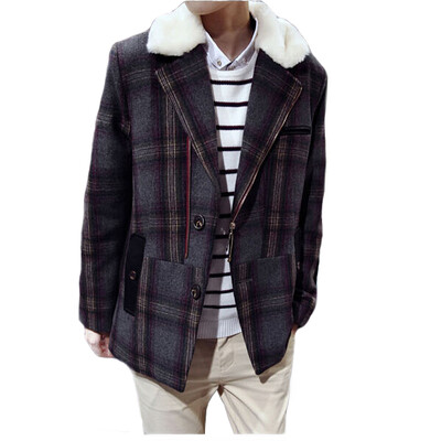 

Zogaa Winter New Men's Wool Coat Grid Fur Collar