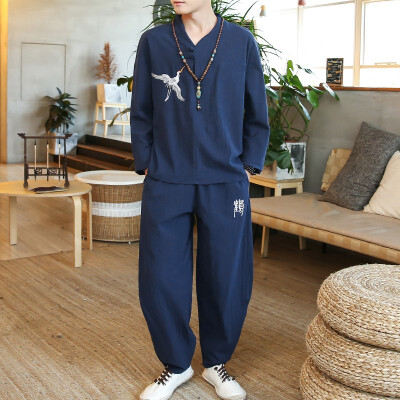 

Large size autumn&winter crane embroidery cotton&linen long sleeve trouser suit