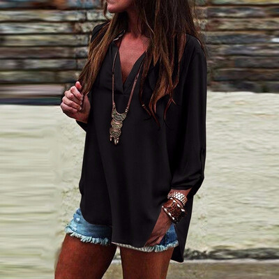 

Women Sexy Deep V-neck Irregular Hem Loose Long Sleeve Shirt Tops Causal Chiffon Sweatshirt Pullover Blouse Solid Color Ladies Fas