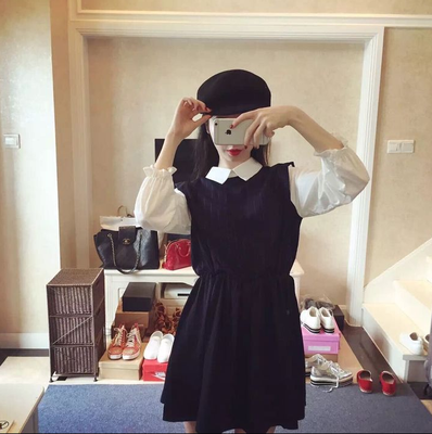 

Fall 2015 new women's college, sweet wind small lapel splicing stripe design show thin waist dress