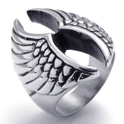 

Hpolw Men silver&black Stainless Steel Angel WingFeather Biker Mens Vintage elegance Ring