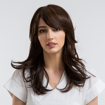 

BLONDE UNICORN 18 Inch Womens Wigs Dark Brown Synthetic Side Bangs Natural Long Wavy with Highlights Full Wig Free Gift