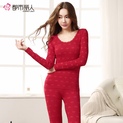 

Urban beauty underwear womens warm suit bottoming round neck lace thin section printing seamless close-fitting autumn clothes long pants 2W7309 shrimp red code