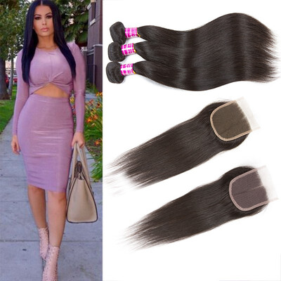 

Glary Indian Human Hair with Closure Silky Straight Virgin Hair 100 Unprocessed Hair Weave Extension 3 Bundles with Closure