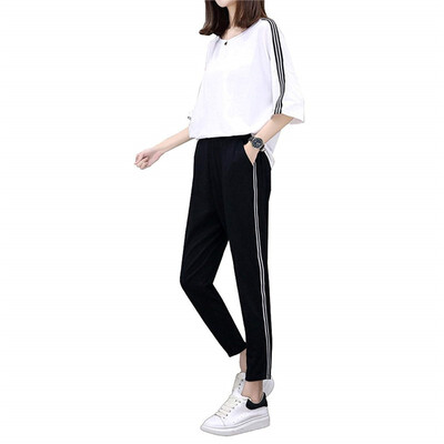 

2018 Summer new womens dress big code fashion loose leisure sports suit short-sleeved T-shirt nine-piece pants two-piece set