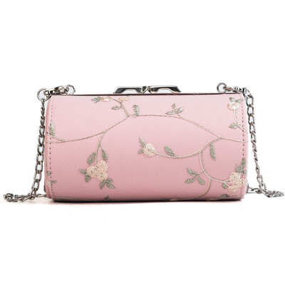 

2018 Fashion woman round cross body Mini high quality leather Silver chain clutch flower embroidery shoulder bag