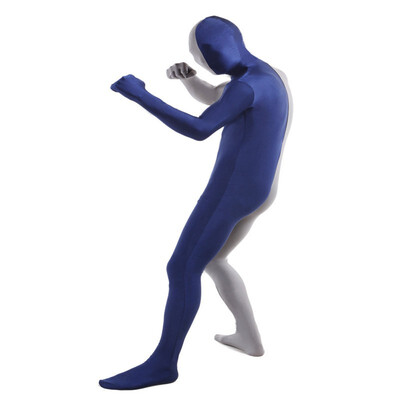 

Mens Full Zentai Bodysuit Mixed Color Spandex Lycra Zentai Tights Suit Left Blue&Right Black Halloween Costume