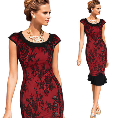 

2015 Womens Vintage Elegant Formal Lace Button Patchwork Tunic Wear To Work Party Mermaid Midi Pencil Wiggle Bodycon Dress