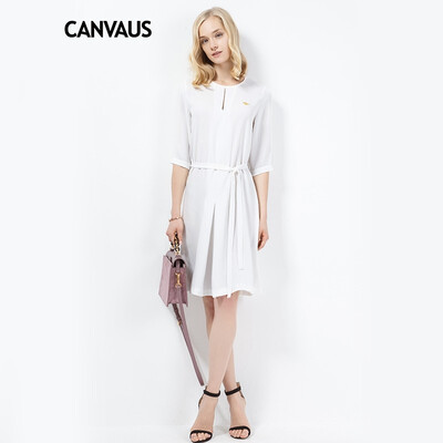 

CANVAUS 2018 Summer New Women Dress Slim Solid Casual Elegant Plus Size Sashes Embroidery O-neck Long Sleeve A-line Dress