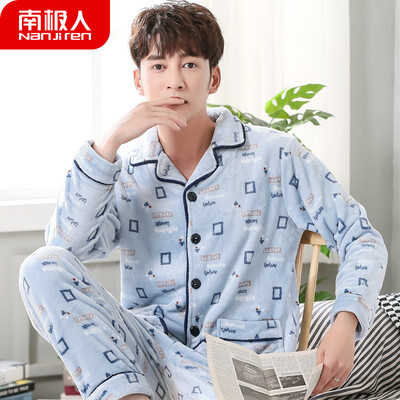 

Antarctic pajamas men thick autumn&winter flannel youth students winter Korean mens coral fleece home service suit NAS5X21011JD-23 male blue gray square
