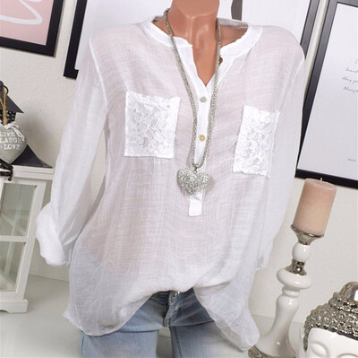 

Autumn Fashion Women Long Sleeve Pocket Patchwork Lace Patchwork Blouse Plus Size Blouse