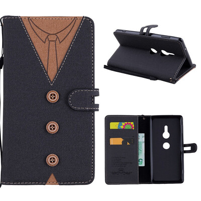 

MOONCASE Sony Xperia XZ2 stitching embossed mens leather case - black