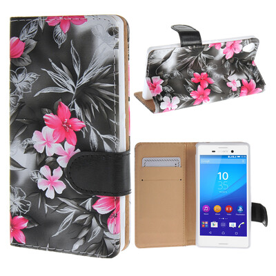 

MOONCASE Sony Xperia M4 ЧЕХОЛ ДЛЯ Flower Style Leather Flip Wallet Card Slot Bracket Back Black