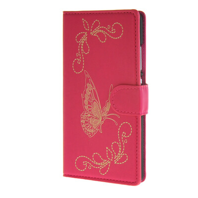 

MOONCASE Butterfly style Leather Side Flip Wallet Card Slot Stand Pouch Case Cover for Huawei Ascend P8 Lite Hot pink