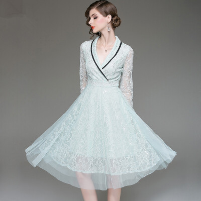 

2018 Autumn Lace Dress Work Casual Slim Fashion Mesh Sexy Hollow Out Dresses Women A-line Vintage Vestidos