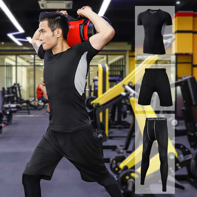

Fan Dimu sports suit mens fitness clothing tight body quick-drying breathable moisture wicking running basketball suit fitness clothing men FNZ9001-mesh gray - short sleeve three-piece -XL