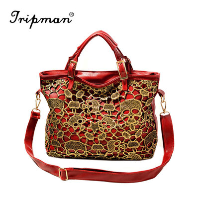 

Tripman 2016 New Brand PU Leather Tote Shoulder Bag National Handbag Womens Ladies Handbag Fashion Bag Floral Hollow Out Lace Women tote Bag