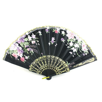 

UpperX Plastic Frame Flower Pattern cloth Handheld Folding Fan Black