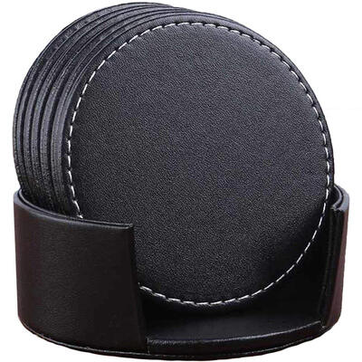 

UpperX Set of 6 Leather Drink Coasters Round Cup Mat Pad for Home&Kitchen Use Black