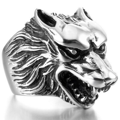 

Hpolw Men's Stainless Steel Rings Silver Black Wolf Head Gothic Biker