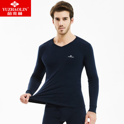 

Yu Zhaolin YUZHAOLIN thermal underwear mens autumn clothing long trousers cotton bottoming V-neck cotton sweater warm basic underwear set male Tibetan blue XL