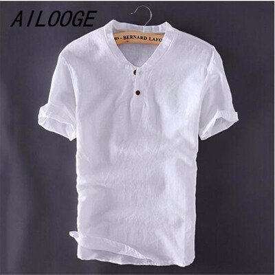 

Plus Size M-5XL Mens Pullover Linen Shirts Short Sleeve Summer Mens Quality Casual Shirts Slim fit Solid Cotton Shirts