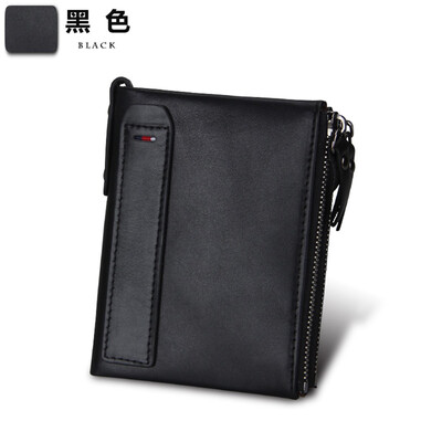 

Crazy Horse Leather Mens Wallet Leather Short Anti-RFID Pirate Brush Mens Wallet Double Zip Wallet