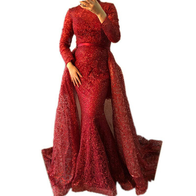 

Fashion Mermaid Luxury Glitter Wine Red Evening Dress Long Sleeves Gliter with train Evening Gowns 2018 Alacati