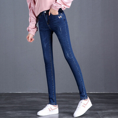 

Yu Zhaolin 2018 autumn new pocket embroidery stretch pencil pants simple wild feet jeans female YWKN188339 dark blue 27