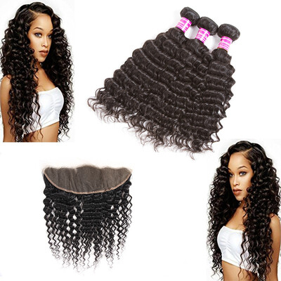 

Glary Hair Indian Deep Wave with Lace Frontal 3 Bundles with Lace Frontal 13x4 Unprocessed Human Hair Weave Bundles with Frontal