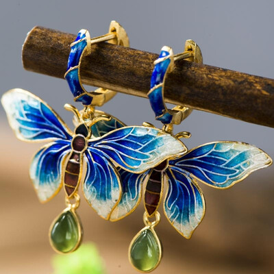 

925 pure silver butterfly retro Earrings Cloisonne earrings with jade accessories