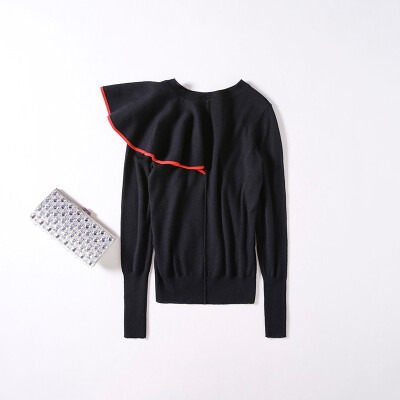 

Fashion wild round neck solid color long-sleeved ruffled pullover knit Cardigan