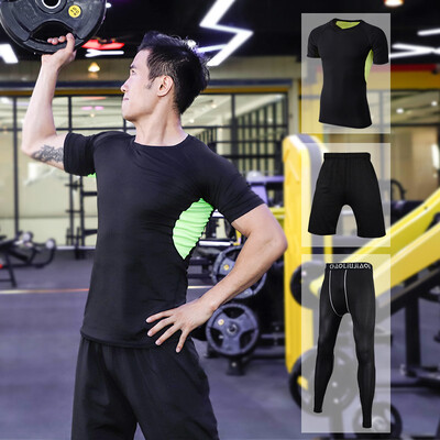

Fan Dimu sports suit mens fitness clothing tight body quick-drying breathable moisture wicking running basketball suit fitness clothing men FNZ9001-mesh green - short-sleeved three-piece
