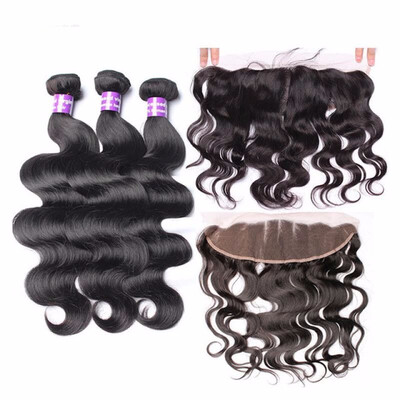 

Unprocessed Brazilian Virgin Hair Bundles With Closure Body Wave 13x4 Lace Frontal Closure 3Pcs Human Hair Weaving Dolago