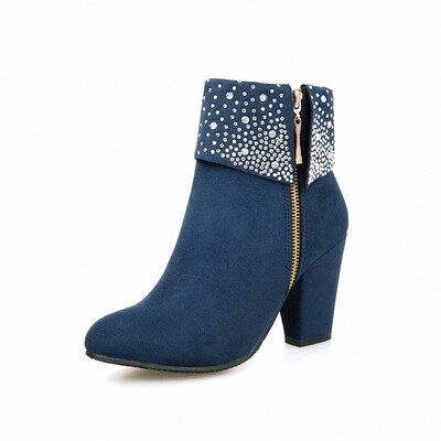 

Winter Women Boots Fashion Thick High Heels Boots Crystal Autumn Ankle Boots for Women Shoes Blue Red Big